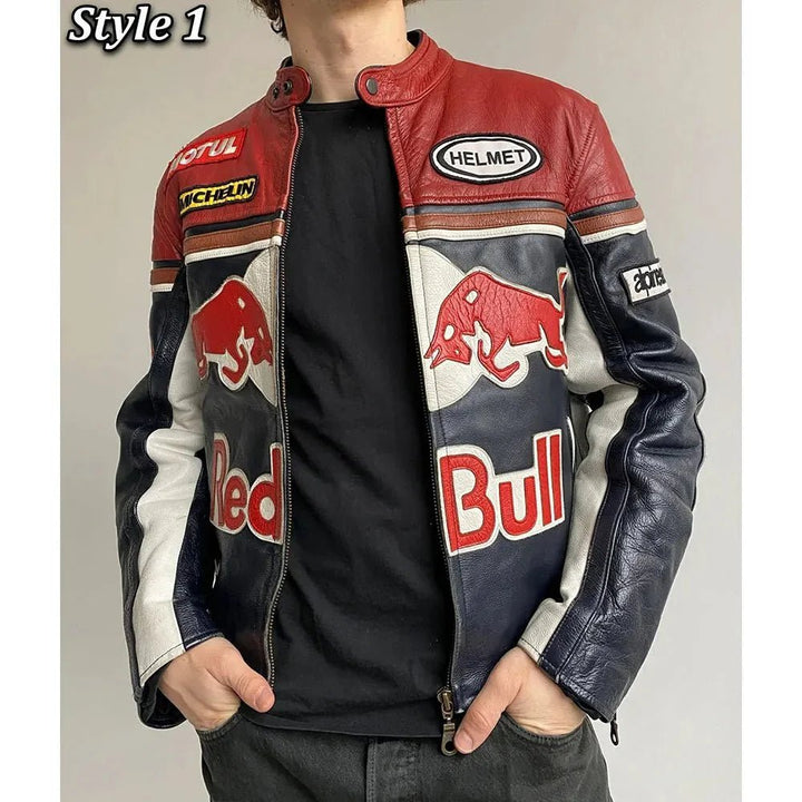 Red Bull Motorcycle Leather Jacket - Male - XS - Style 1 - Red Bull Motorcycle Leather Jacket - Tatoo Tee