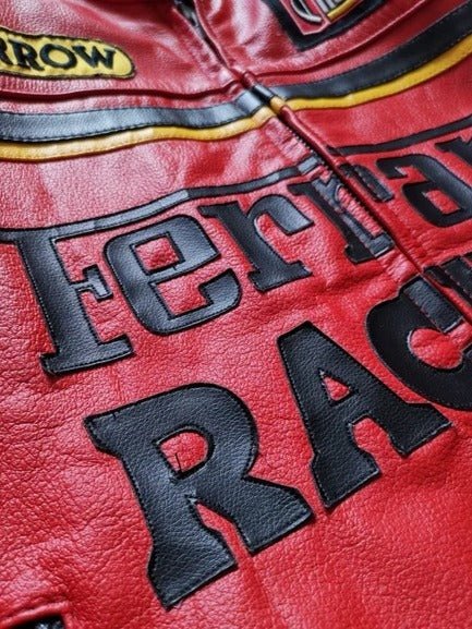 Red Ferrari Racing Leather Jacket - Male - XS - Red Ferrari Racing Leather Jacket - Tatoo Tee
