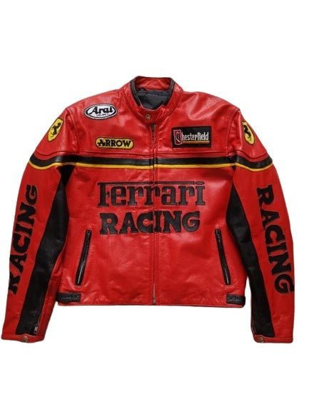 Red Ferrari Racing Leather Jacket - Male - XS - Red Ferrari Racing Leather Jacket - Tatoo Tee