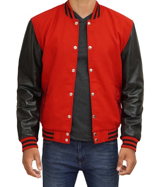 Red Varsity Jacket With Black Leather Sleeves
