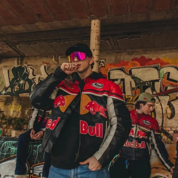 Redbull Leather Jacket - Red & Black (Yellow Logo) - XS - Men - Redbull Leather Jacket - Red & Black (Yellow Logo) - Tatoo Tee