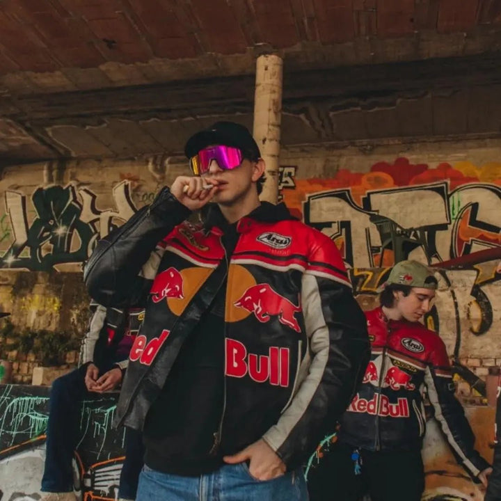 Redbull Leather Jacket - Red & Black (Yellow Logo) - XS - Men - Redbull Leather Jacket - Red & Black (Yellow Logo) - Tatoo Tee