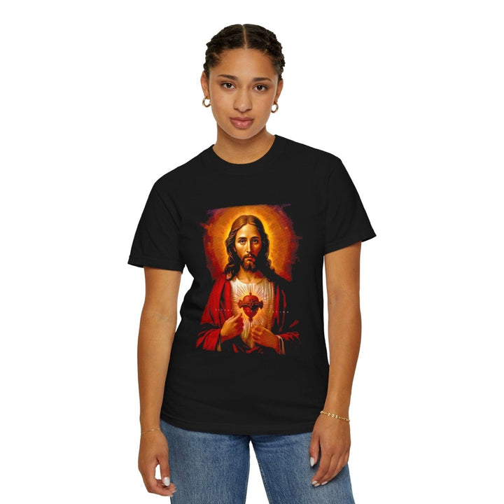 Religious Graphic Tee - Vintage Jesus Heart Design - Black - S - Religious Graphic Tee - Vintage Jesus Heart Design - Tatoo Tee
