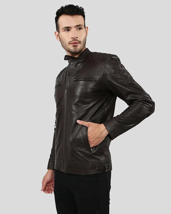 Ricardi Brown Leather Racer Jacket - XS - Ricardi Brown Leather Racer Jacket - Tatoo Tee