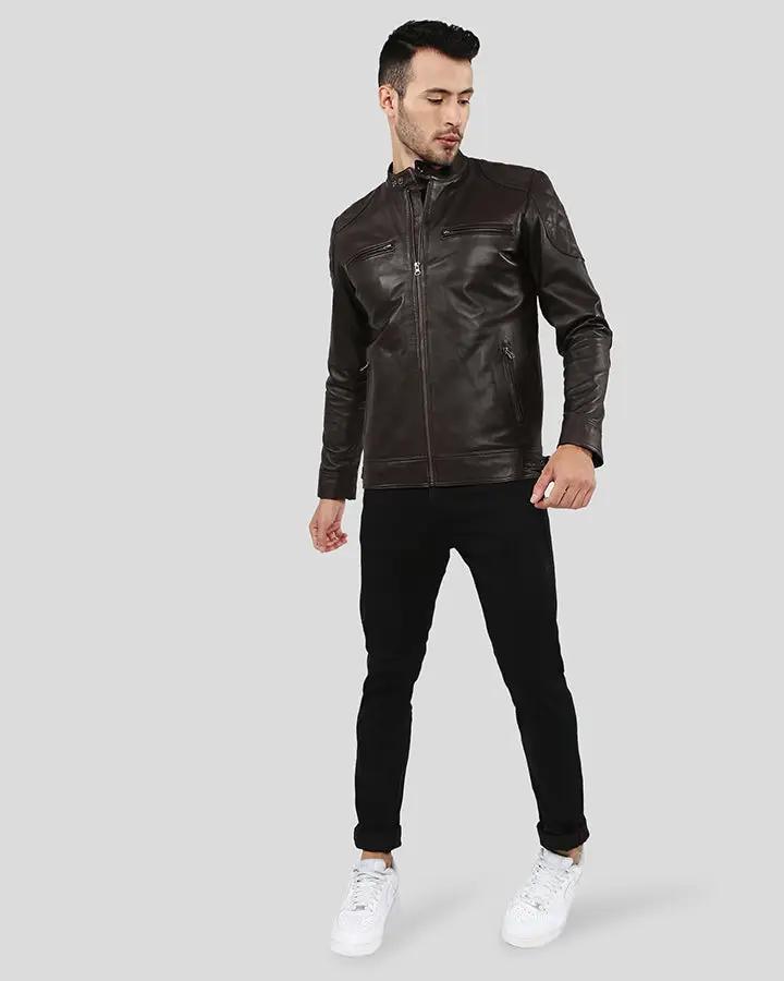 Ricardi Brown Leather Racer Jacket - XS - Ricardi Brown Leather Racer Jacket - Tatoo Tee