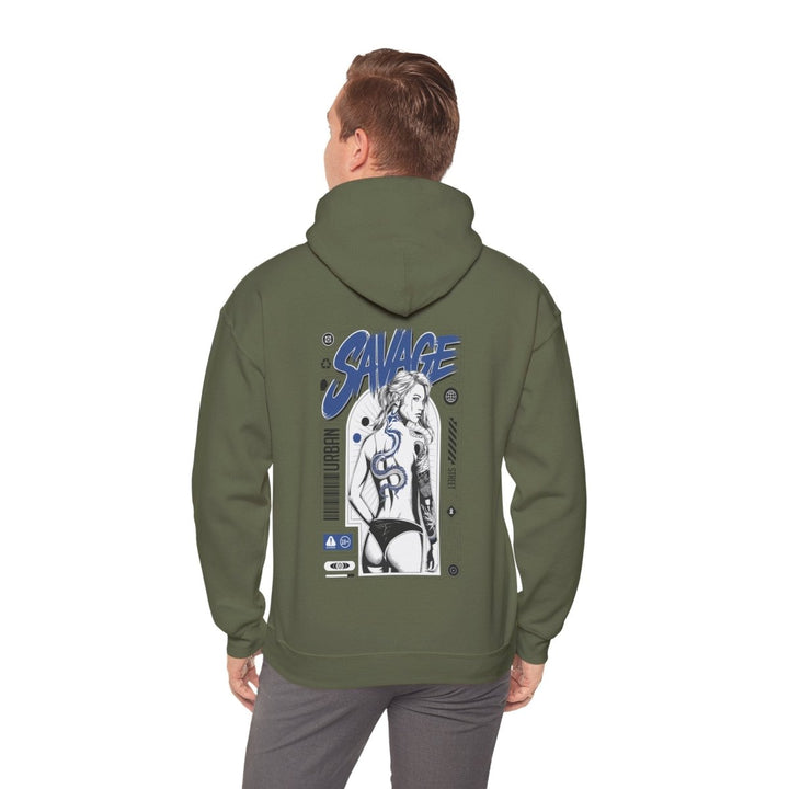 Savage Unisex Heavy Blend™ Hooded Sweatshirt - Bold Graphic Streetwear - Military Green - S - Savage Unisex Heavy Blend™ Hooded Sweatshirt - Bold Graphic Streetwear - Tatoo Tee