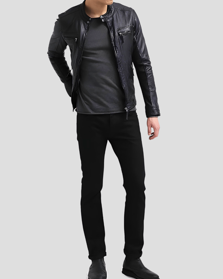 Scott Black Leather Racer Jacket - XS - Scott Black Leather Racer Jacket - Tatoo Tee