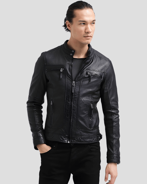 Scott Black Leather Racer Jacket - XS - Scott Black Leather Racer Jacket - Tatoo Tee