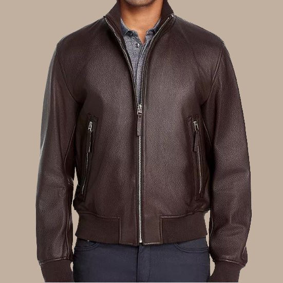 Seamless Brown Bomber Leather Jacket For Men - S - Seamless Brown Bomber Leather Jacket For Men - Tatoo Tee