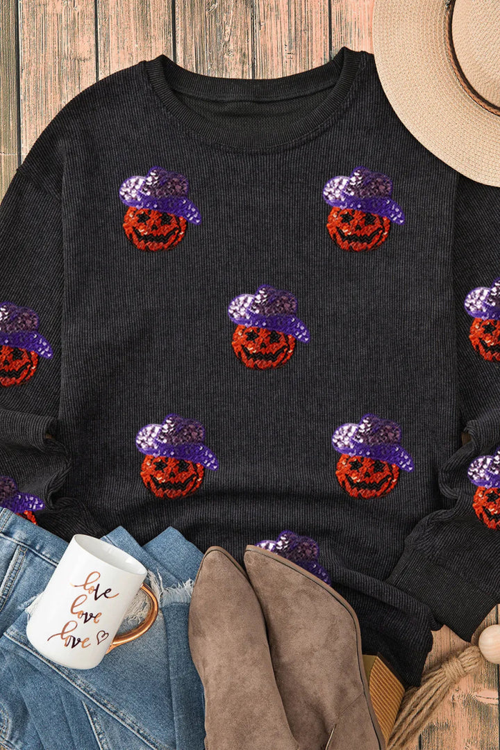 Sequin Pumpkin Long Sleeve Sweatshirt - Black - S - 383d456b - 85ac - 4c5b - ad39 - 01711d77cdb4 - Max - Tatoo Tee