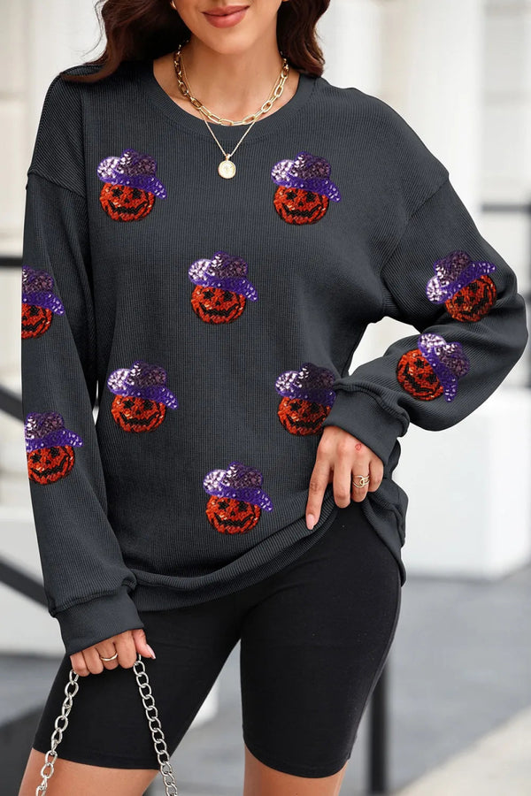 Sequin Pumpkin Long Sleeve Sweatshirt - Black - S - 5776dca9 - 0e7a - 4b53 - be0e - 6109752e166a - Max - Tatoo Tee