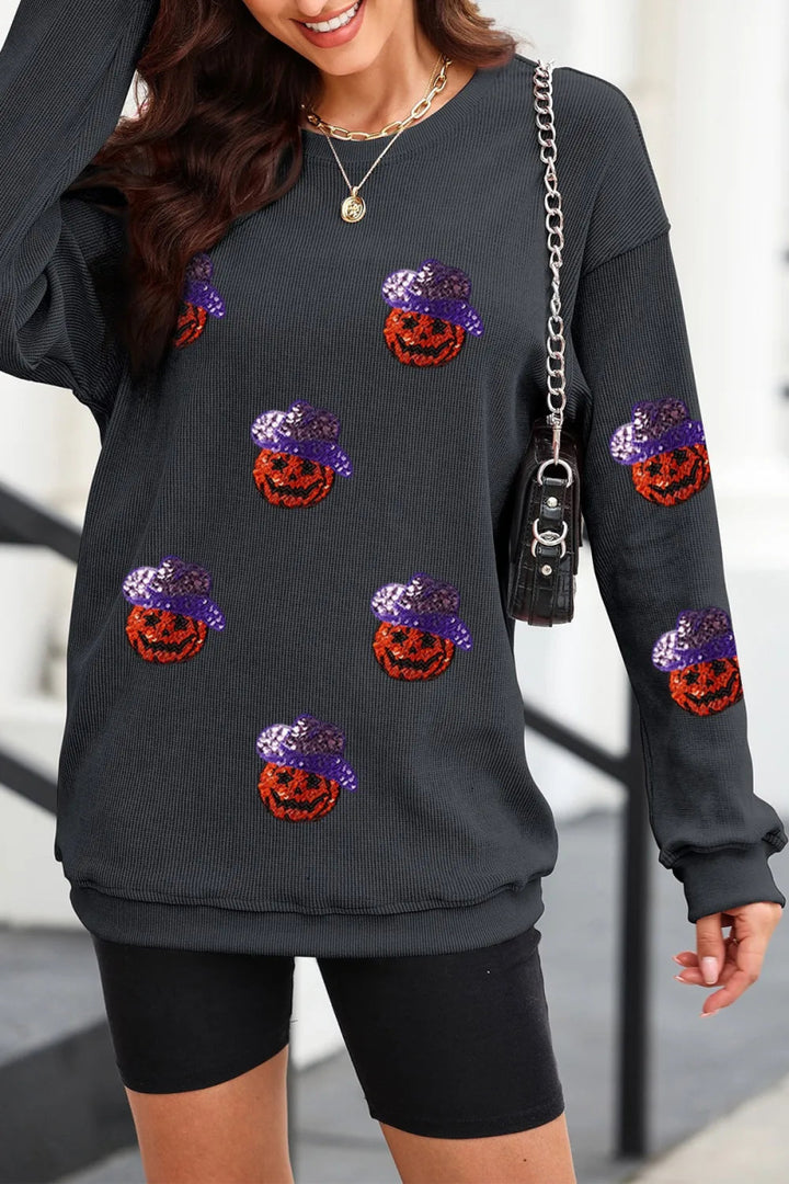Sequin Pumpkin Long Sleeve Sweatshirt - Black - S - b0fe89ea - 7f43 - 4d1f - b471 - 78a1dd6aa282 - Max - Tatoo Tee