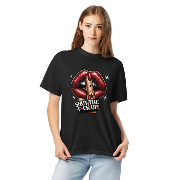 Shut The Fuck Up Lips Unisex garment - dyed heavyweight t-shirt - Black - S - Product mockup - Tatoo Tee