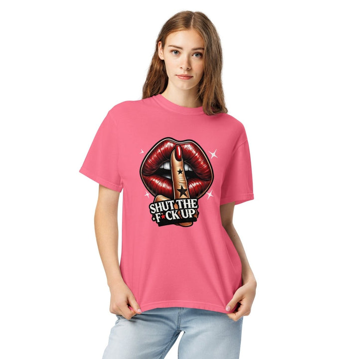 Shut The Fuck Up Lips Unisex garment - dyed heavyweight t-shirt - Crunchberry - S - Product mockup - Tatoo Tee