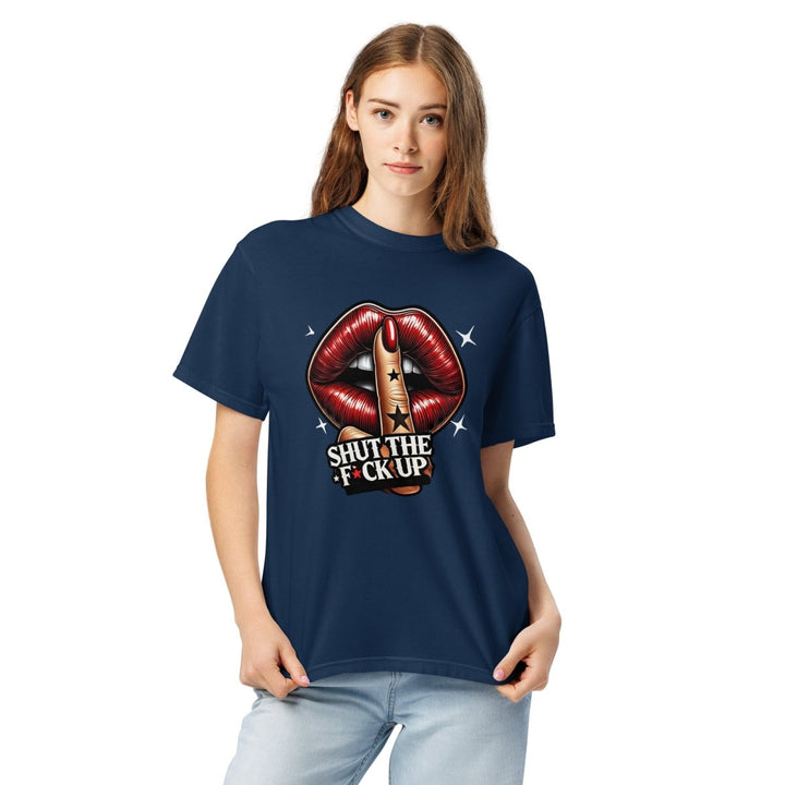 Shut The Fuck Up Lips Unisex garment - dyed heavyweight t-shirt - Navy - S - Product mockup - Tatoo Tee