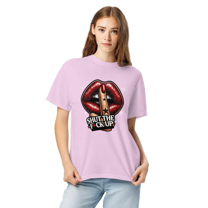 Shut The Fuck Up Lips Unisex garment - dyed heavyweight t-shirt - Orchid - S - Product mockup - Tatoo Tee