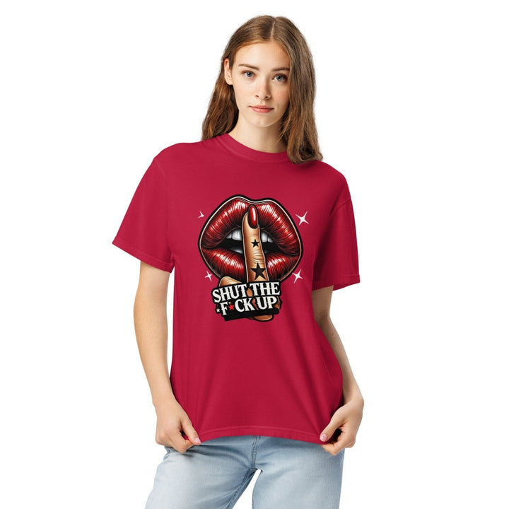 Shut The Fuck Up Lips Unisex garment - dyed heavyweight t-shirt - Red - S - Product mockup - Tatoo Tee