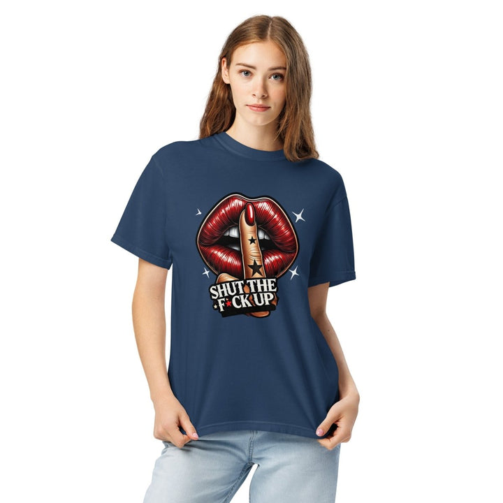 Shut The Fuck Up Lips Unisex garment - dyed heavyweight t-shirt - True Navy - S - Product mockup - Tatoo Tee