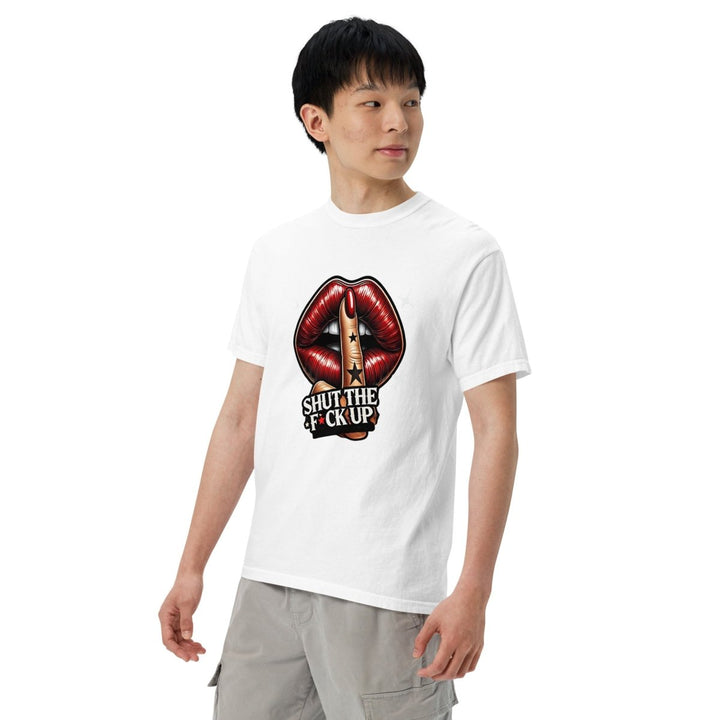 Shut The Fuck Up Lips Unisex garment - dyed heavyweight t-shirt - White - S - Product mockup - Tatoo Tee