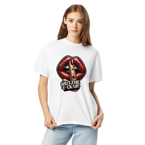 Shut The Fuck Up Lips Unisex garment - dyed heavyweight t-shirt - White - S - Product mockup - Tatoo Tee