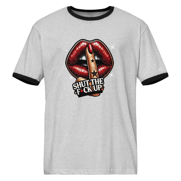 Shut The Fuck Up Lips Unisex ringer t-shirt - Heather Gray / Black - S - Product mockup - Tatoo Tee