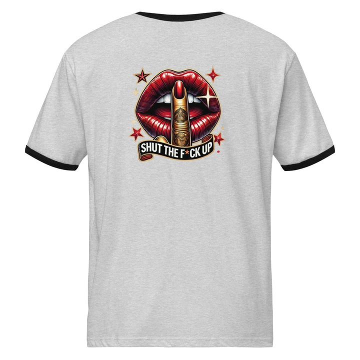 Shut The Fuck Up Lips Unisex ringer t-shirt - Heather Gray / Black - S - Product mockup - Tatoo Tee