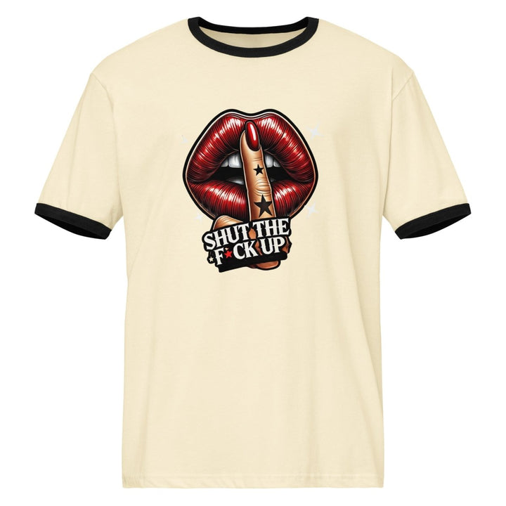 Shut The Fuck Up Lips Unisex ringer t-shirt - Natural / Black - S - Product mockup - Tatoo Tee