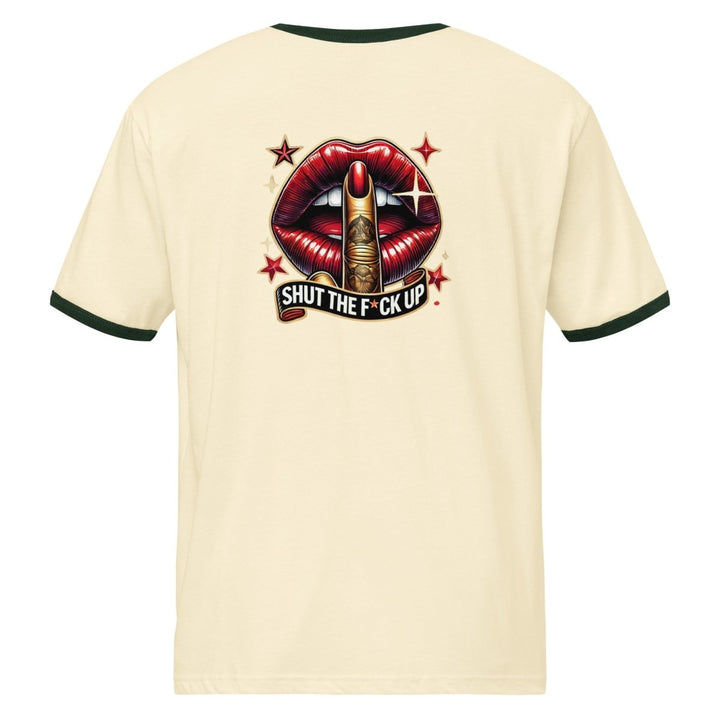 Shut The Fuck Up Lips Unisex ringer t-shirt - Natural / Forest Green - S - Product mockup - Tatoo Tee
