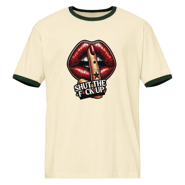 Shut The Fuck Up Lips Unisex ringer t-shirt - Natural / Forest Green - S - Product mockup - Tatoo Tee