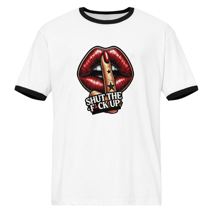 Shut The Fuck Up Lips Unisex ringer t-shirt - White / Black - S - Product mockup - Tatoo Tee