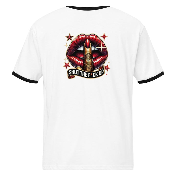 Shut The Fuck Up Lips Unisex ringer t-shirt - White / Black - S - Product mockup - Tatoo Tee