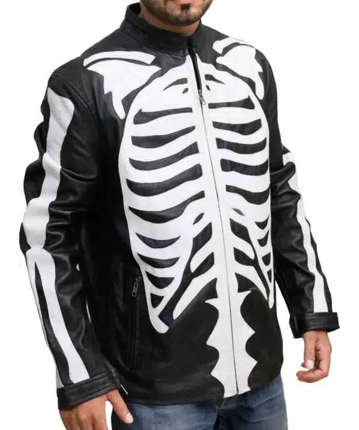 Skeleton Black Halloween Leather Jacket - Male - XS - Skeleton Black Halloween Leather Jacket - Tatoo Tee