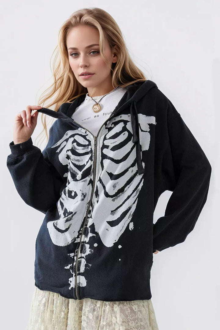 Skeleton Zip Up Drawstring Hoodie - Black - S - e4165bd7 - eae1 - 4438 - ae33 - 82665b66d3ce - Max - Tatoo Tee