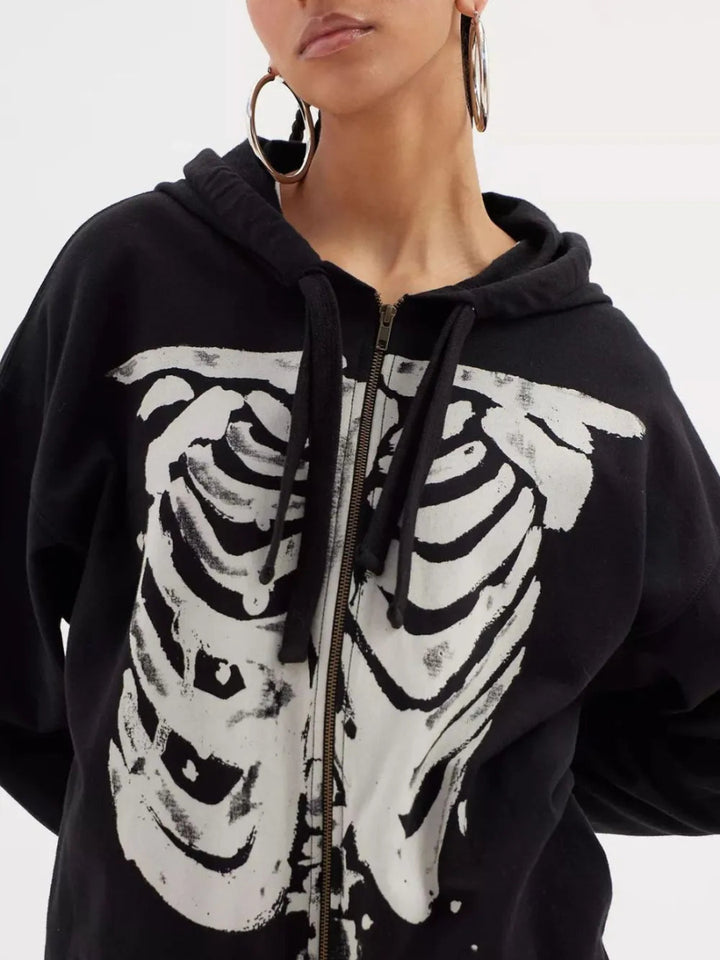 Skeleton Zip Up Drawstring Hoodie - Black - S - 16a1c331 - e9fc - 491e - bfdf - 91dfd53be63b - Max - Tatoo Tee