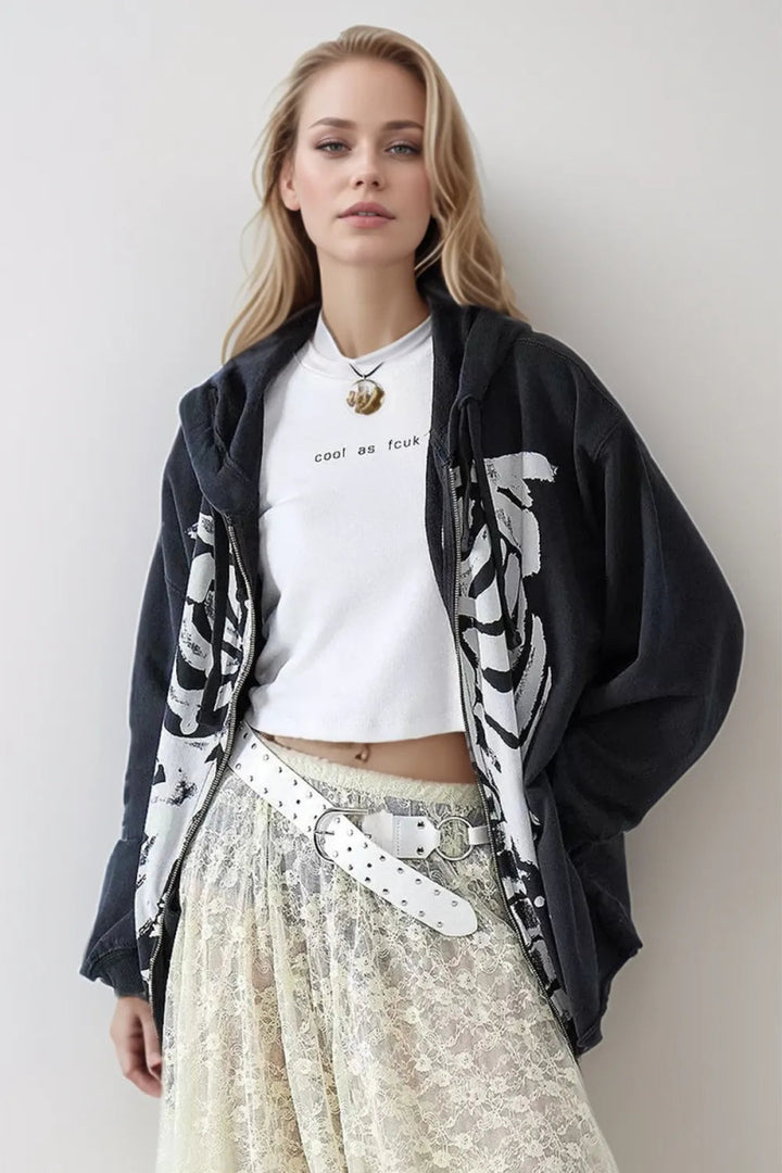 Skeleton Zip Up Drawstring Hoodie - Black - S - 61e551bc - 5ff1 - 4b94 - aa0e - adb73611dfa6 - Max - Tatoo Tee