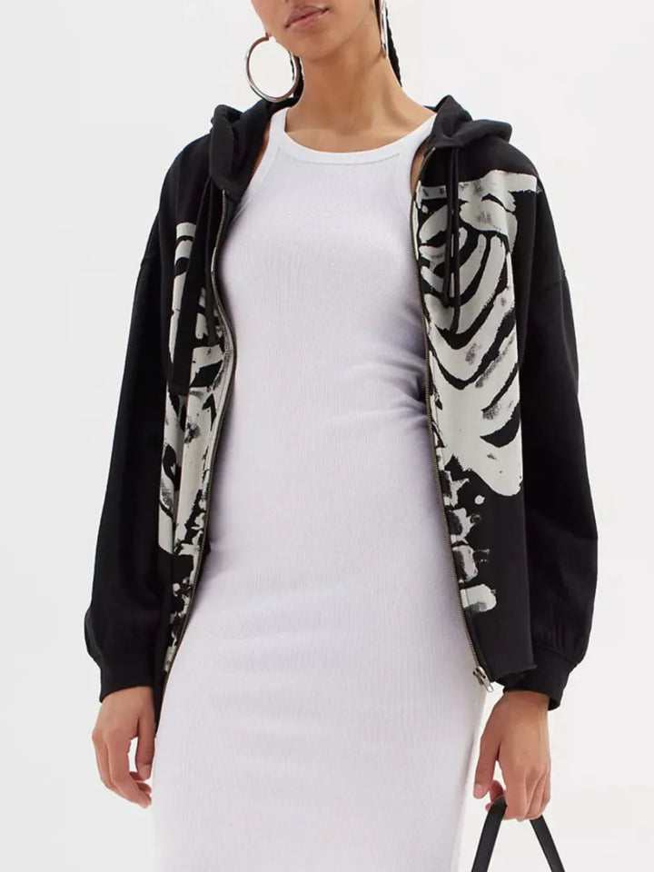 Skeleton Zip Up Drawstring Hoodie - Black - S - 43e0056c - 7976 - 4b89 - 9790 - d84a42f988da - Max - Tatoo Tee