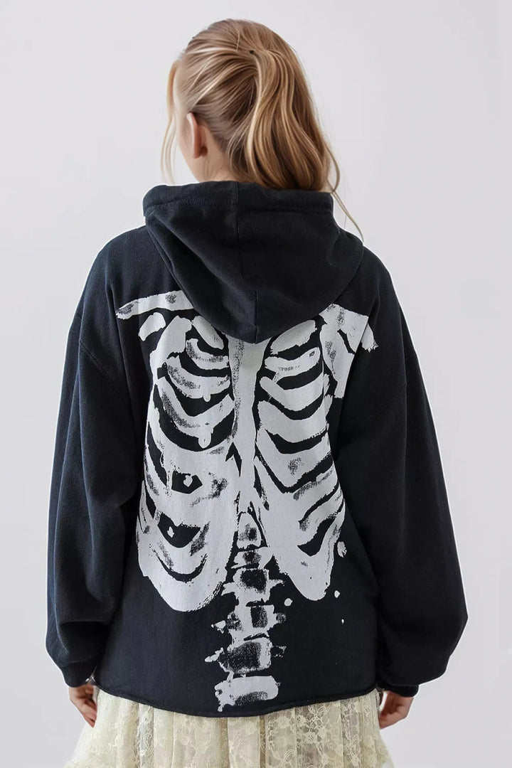 Skeleton Zip Up Drawstring Hoodie - Black - S - 17e4d97e - 4c09 - 4e66 - 92bc - 079bc48fabac - Max - Tatoo Tee