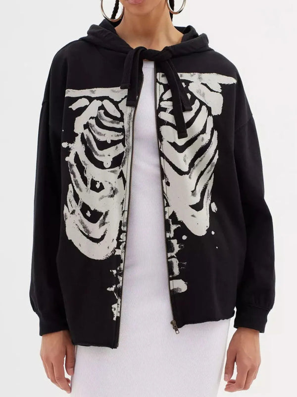 Skeleton Zip Up Drawstring Hoodie - Black - S - b27c1e7f - 6f63 - 4ec9 - 90d0 - abe5ead92b9c - Max - Tatoo Tee