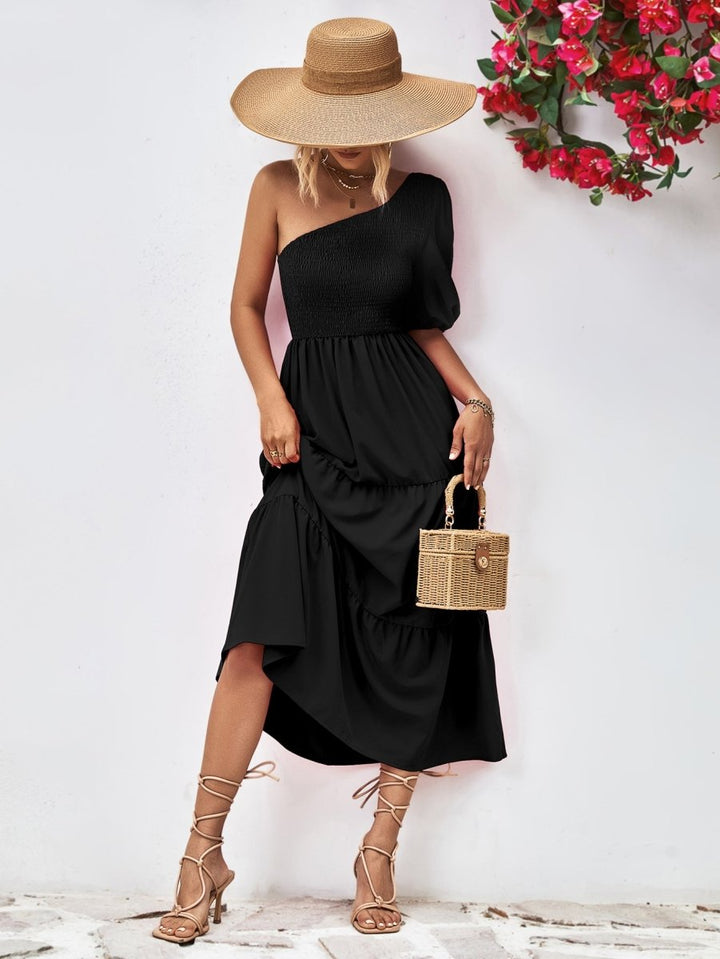 Smocked One - Shoulder Midi Dress - Black - S - ef5dd8c1637442a69d743847c2ace690 - Max - Tatoo Tee