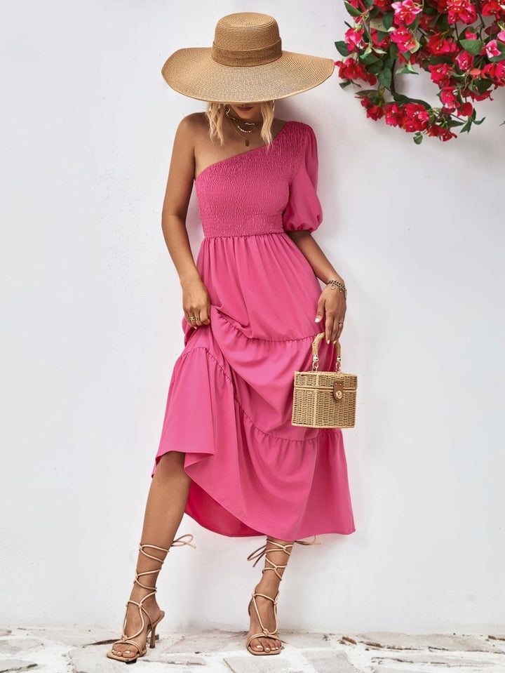 Smocked One - Shoulder Midi Dress - Hot Pink - S - 25a69d6fac7947c896241c7965f16c4c - Max - Tatoo Tee