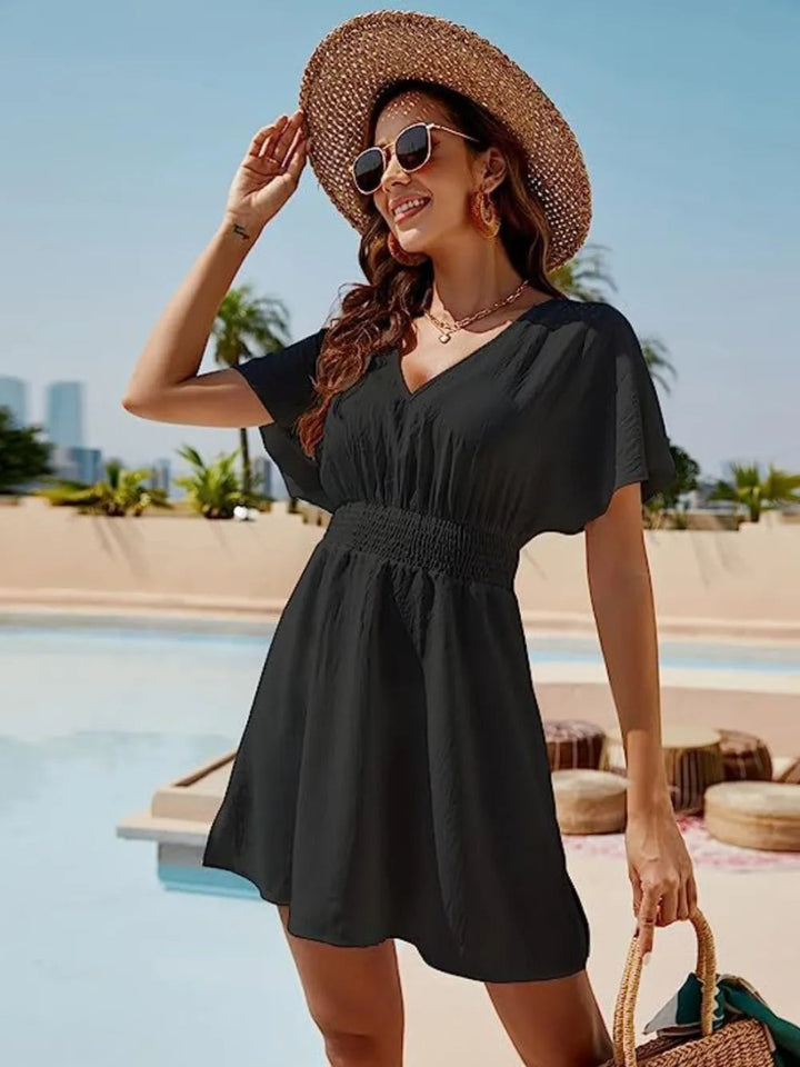Smocked V - Neck Short Sleeve Dress - Black - S - a3ef0be9 - 8c60 - 4b2d - be0d - 6fa40203324a - Max - Tatoo Tee