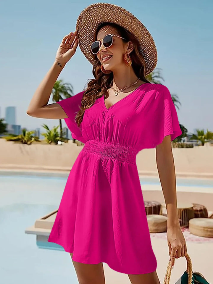 Smocked V - Neck Short Sleeve Dress - Hot Pink - S - 6e0bcd0f - cd63 - 4b89 - 9377 - 92770a716348 - Max - Tatoo Tee