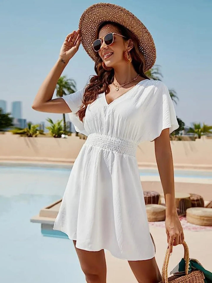 Smocked V - Neck Short Sleeve Dress - White - S - 966e950a - d5d7 - 4e9b - 84f0 - 8debf0b0999d - Max - Tatoo Tee