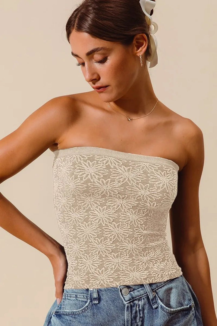 SO ME Jacquard Floral Two Tone Seamless Tube Top - OATMEAL - S - b94a9bfbee9d4be4bfc2a2d56900f98b - Max - Origin - Tatoo Tee