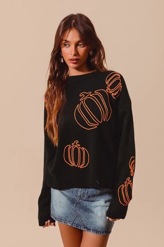 SO ME Pumpkin Embroidered Halloween Thanksgiving Sweater - BLACK/ORANGE - S - 1f7d2466 - d38f - 4311 - 870e - f6f5ce6d37c7 - Max - Origin - Tatoo Tee