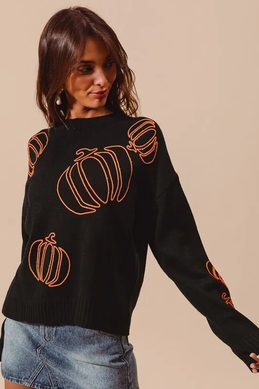 SO ME Pumpkin Embroidered Halloween Thanksgiving Sweater - BLACK/ORANGE - S - 0b5b207e - e61e - 47dc - 971f - 0e3fa656d1fe - Max - Origin - Tatoo Tee