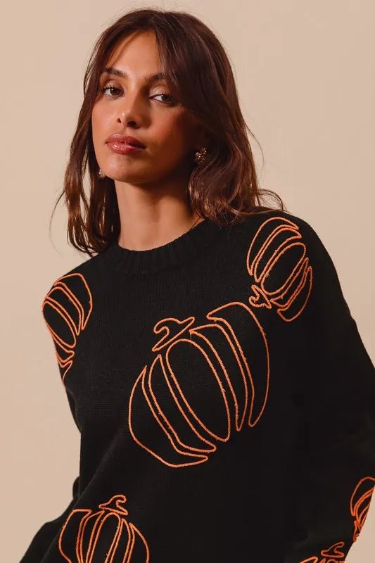 SO ME Pumpkin Embroidered Halloween Thanksgiving Sweater - BLACK/ORANGE - S - 8043165b - 999f - 4151 - b314 - 89daf2b855db - Max - Origin - Tatoo Tee