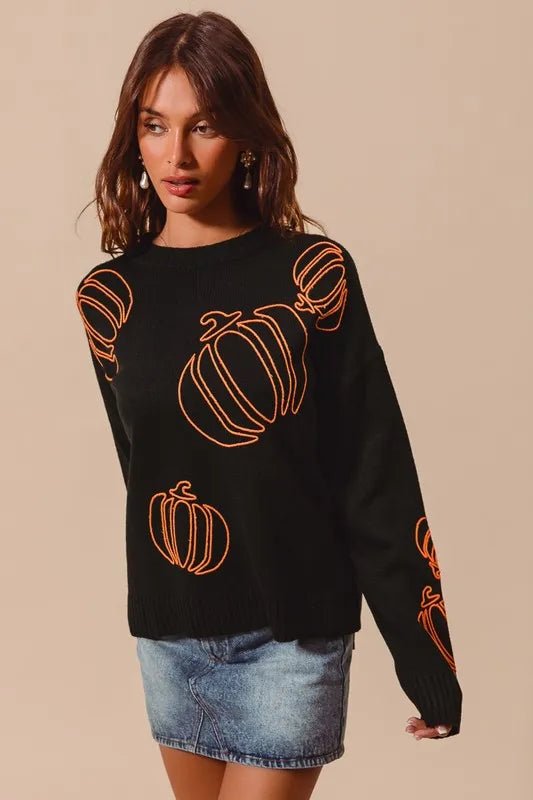 SO ME Pumpkin Embroidered Halloween Thanksgiving Sweater - BLACK/ORANGE - S - 430f1d90 - 244a - 4061 - b4eb - d0fe5d368e61 - Max - Origin - Tatoo Tee