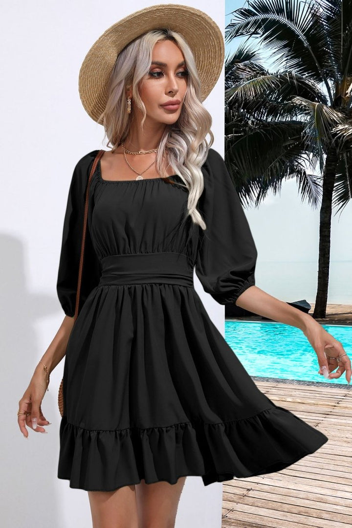 Square Neck Tie Back Ruffle Hem Dress - Black - S - 2f097d47f8be4df38e5b3a92cf824734 - Max - Tatoo Tee