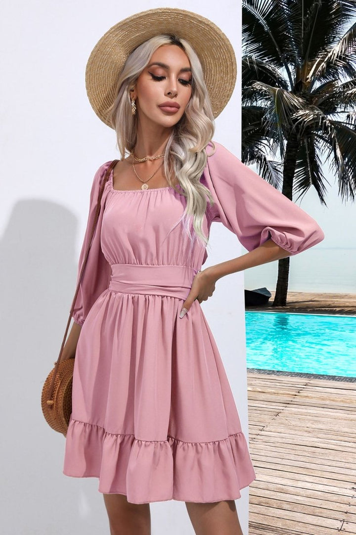 Square Neck Tie Back Ruffle Hem Dress - Blush Pink - S - cf9a38c248e64637b0dc642f063a9b3e - Max - Tatoo Tee
